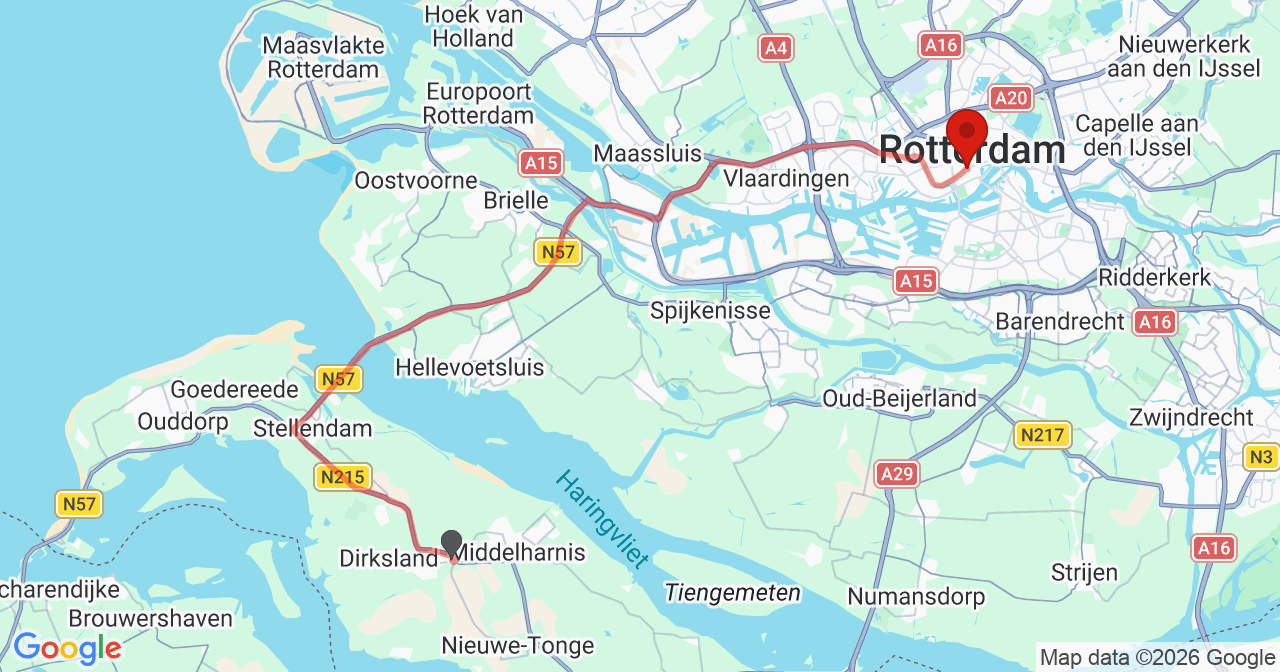 Kaart van het incident in Rotterdam met de aanrijroutes van de gealarmeerde eenheden