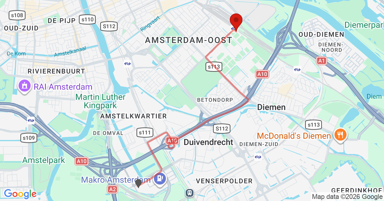 Kaart van het incident in Amsterdam met de aanrijroutes van de gealarmeerde eenheden