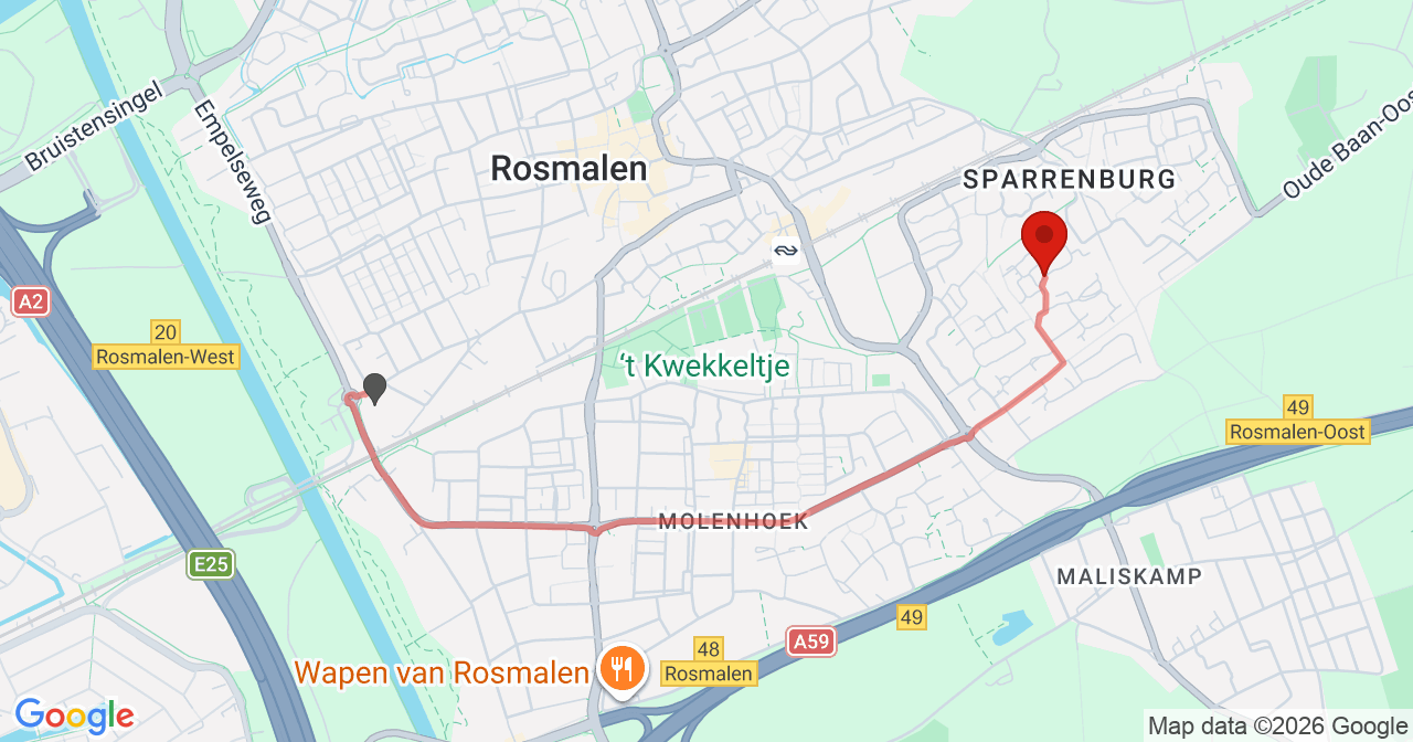 Kaart van het incident in Rosmalen met de aanrijroutes van de gealarmeerde eenheden