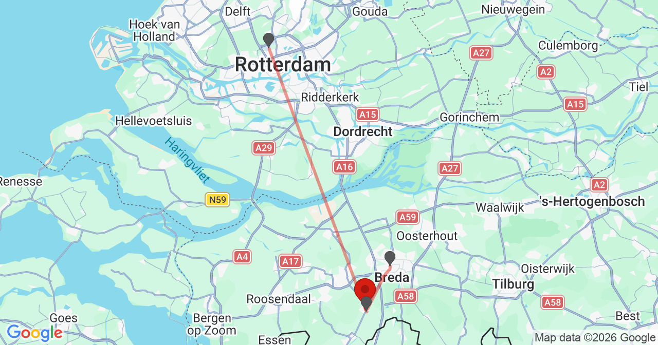 Kaart van het incident in Rijsbergen met de aanrijroutes van de gealarmeerde eenheden