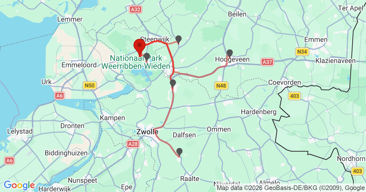 Kaart van het incident in Giethoorn met de aanrijroutes van de gealarmeerde eenheden