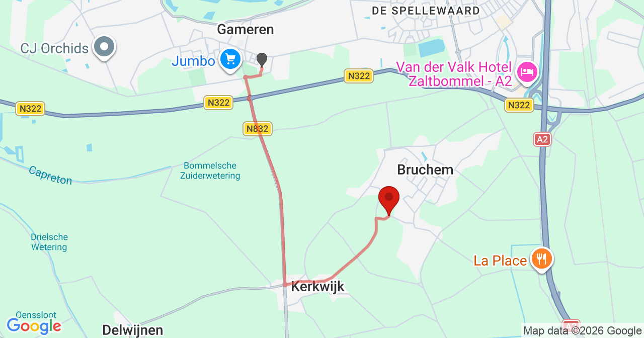 Kaart van het incident in Bruchem met de aanrijroutes van de gealarmeerde eenheden