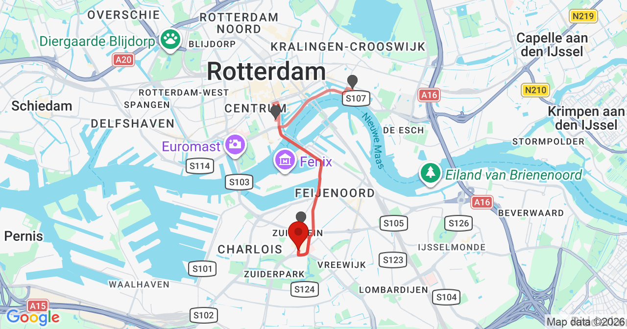 Kaart van het incident in Rotterdam met de aanrijroutes van de gealarmeerde eenheden