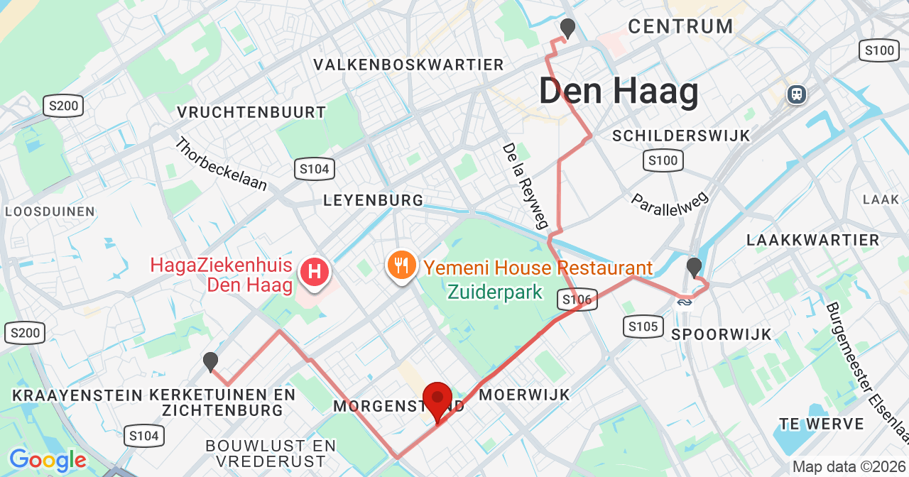 Kaart van het incident in 's-Gravenhage met de aanrijroutes van de gealarmeerde eenheden