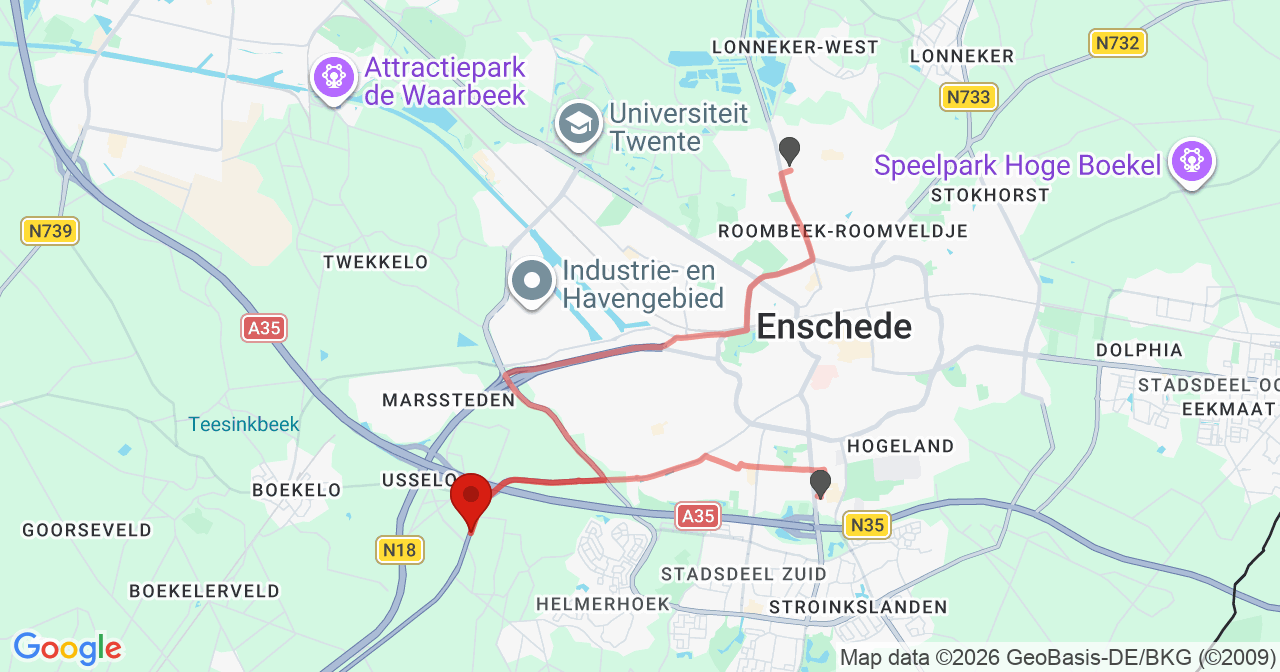 Kaart van het incident in Enschede met de aanrijroutes van de gealarmeerde eenheden