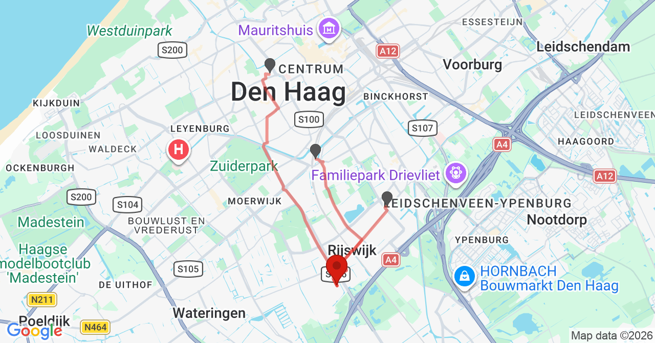 Kaart van het incident in Rijswijk ZH met de aanrijroutes van de gealarmeerde eenheden