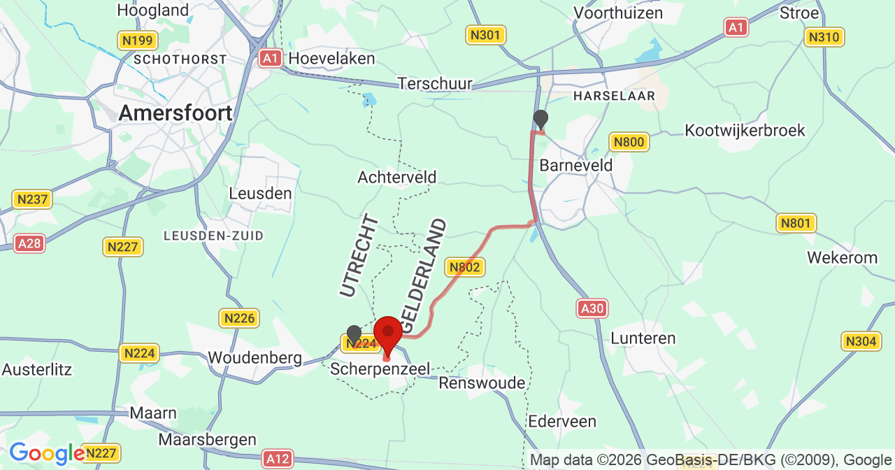 Kaart van het incident in Scherpenzeel met de aanrijroutes van de gealarmeerde eenheden