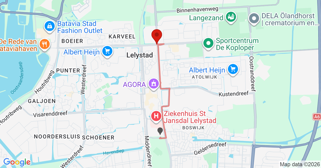 Kaart van het incident in Lelystad met de aanrijroutes van de gealarmeerde eenheden