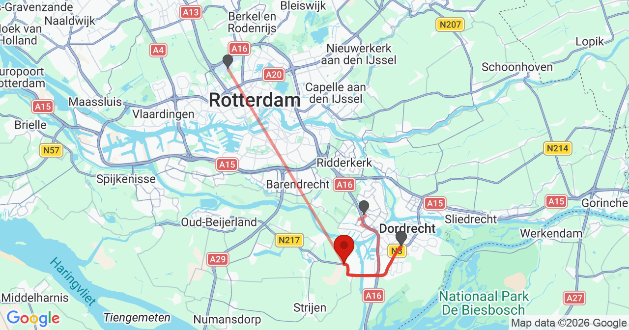 Kaart van het incident in 's-Gravendeel met de aanrijroutes van de gealarmeerde eenheden