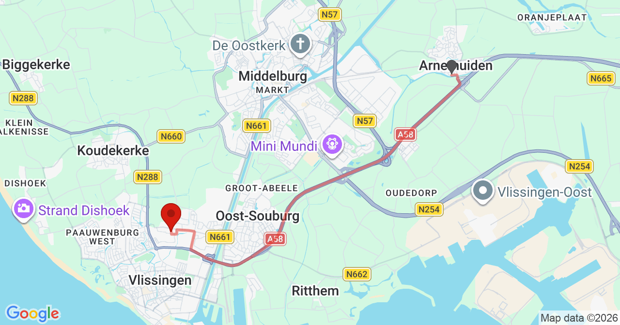 Kaart van het incident in Vlissingen met de aanrijroutes van de gealarmeerde eenheden