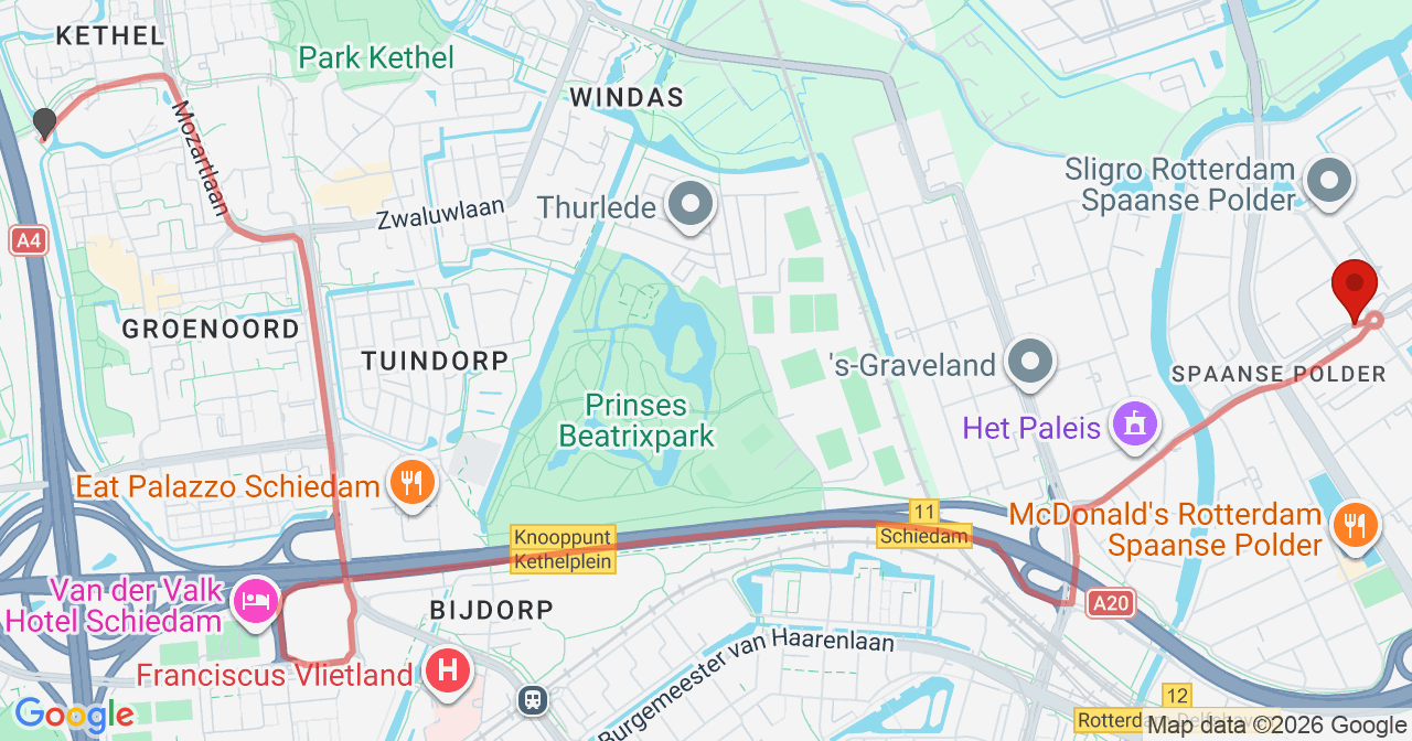 Kaart van het incident in Rotterdam met de aanrijroutes van de gealarmeerde eenheden