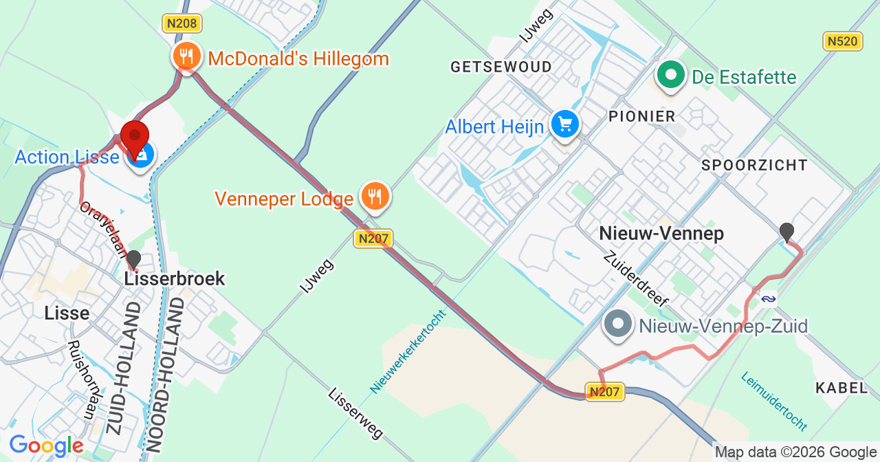 Kaart van het incident in Lisse met de aanrijroutes van de gealarmeerde eenheden