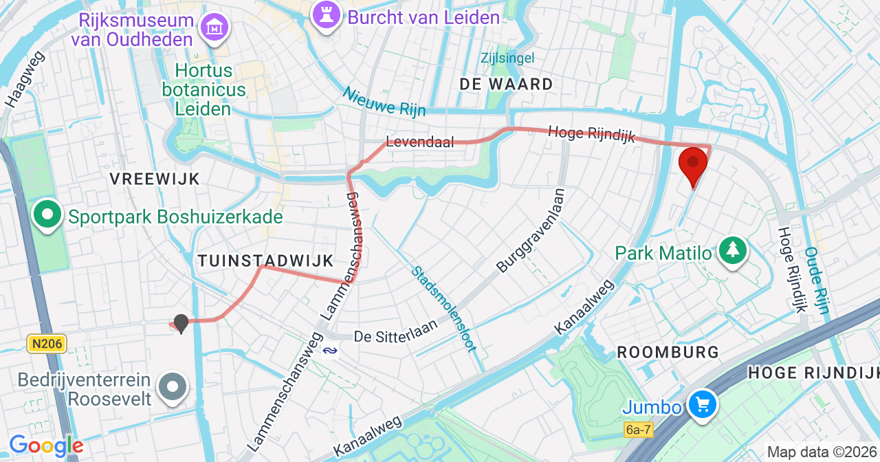 Kaart van het incident in Leiden met de aanrijroutes van de gealarmeerde eenheden