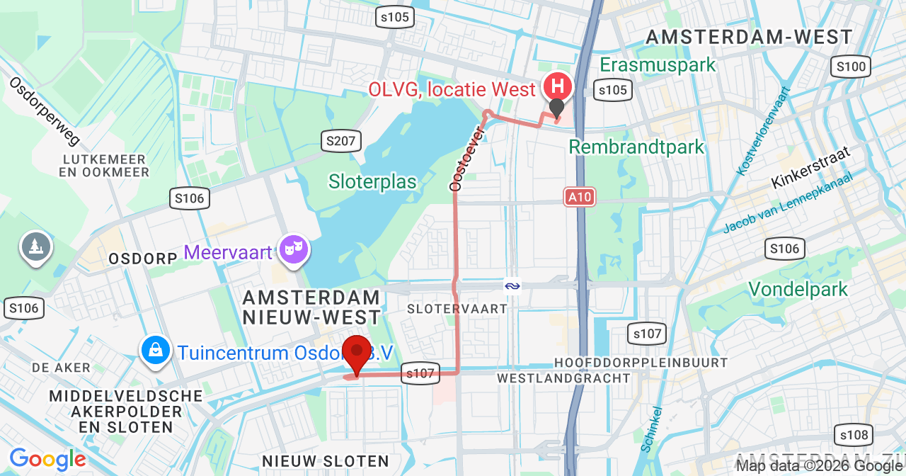 Kaart van het incident in Amsterdam met de aanrijroutes van de gealarmeerde eenheden