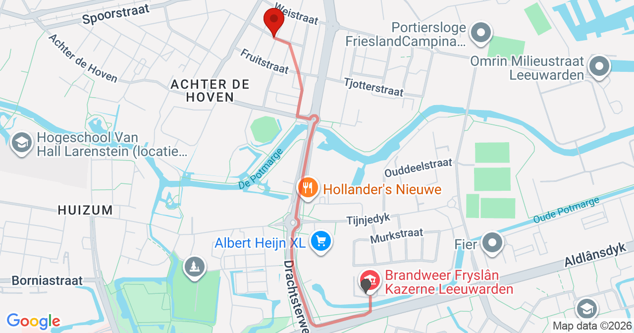 Kaart van het incident in Leeuwarden met de aanrijroutes van de gealarmeerde eenheden