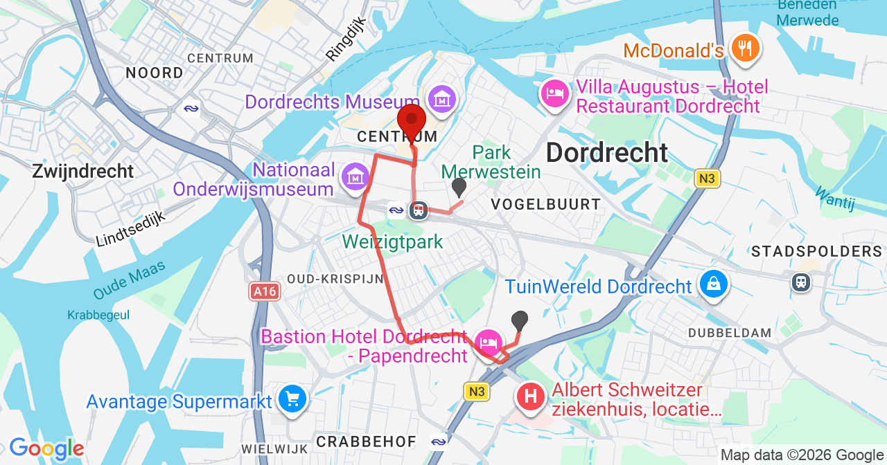 Kaart van het incident in Dordrecht met de aanrijroutes van de gealarmeerde eenheden