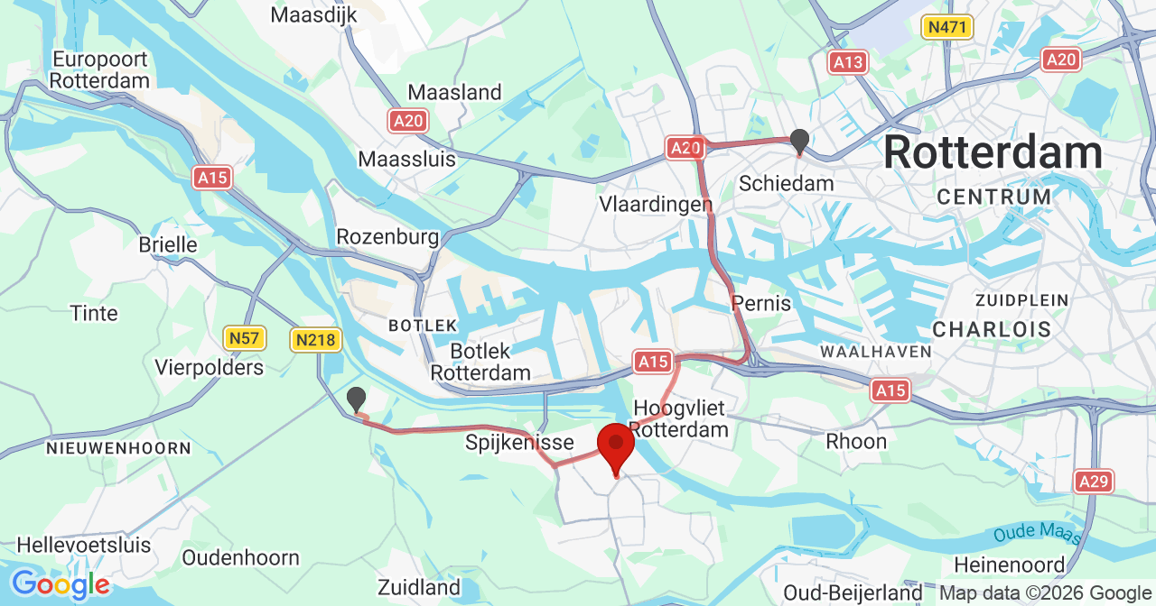Kaart van het incident in Spijkenisse met de aanrijroutes van de gealarmeerde eenheden