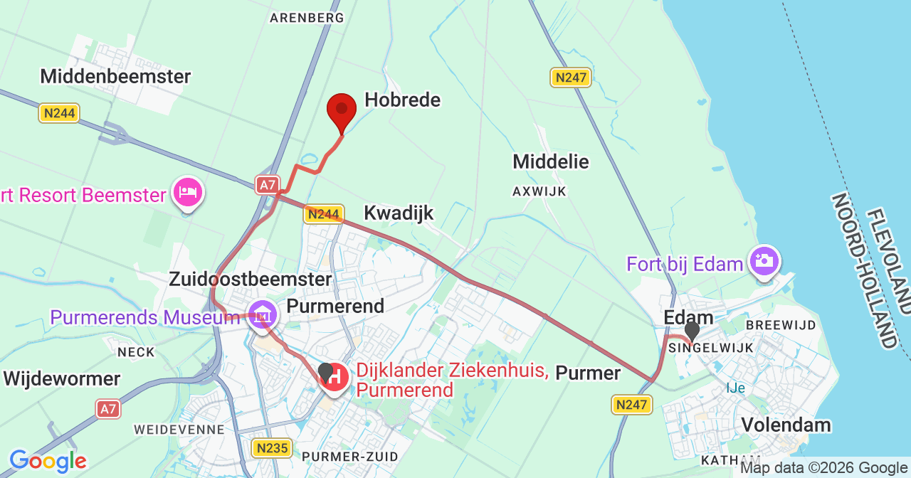 Kaart van het incident in Zuidoostbeemster met de aanrijroutes van de gealarmeerde eenheden