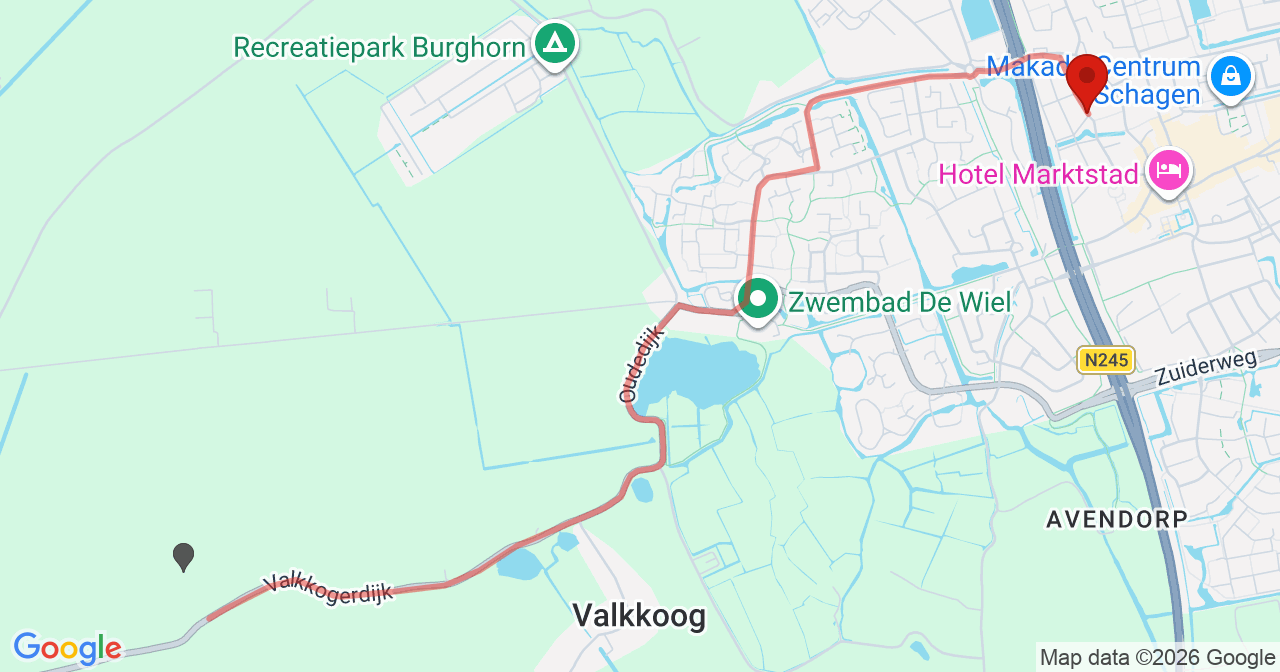 Kaart van het incident in Schagen met de aanrijroutes van de gealarmeerde eenheden