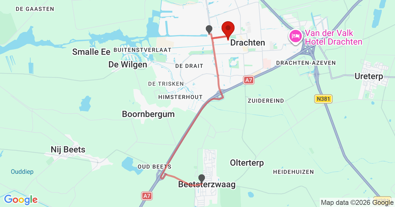 Kaart van het incident in Drachten met de aanrijroutes van de gealarmeerde eenheden