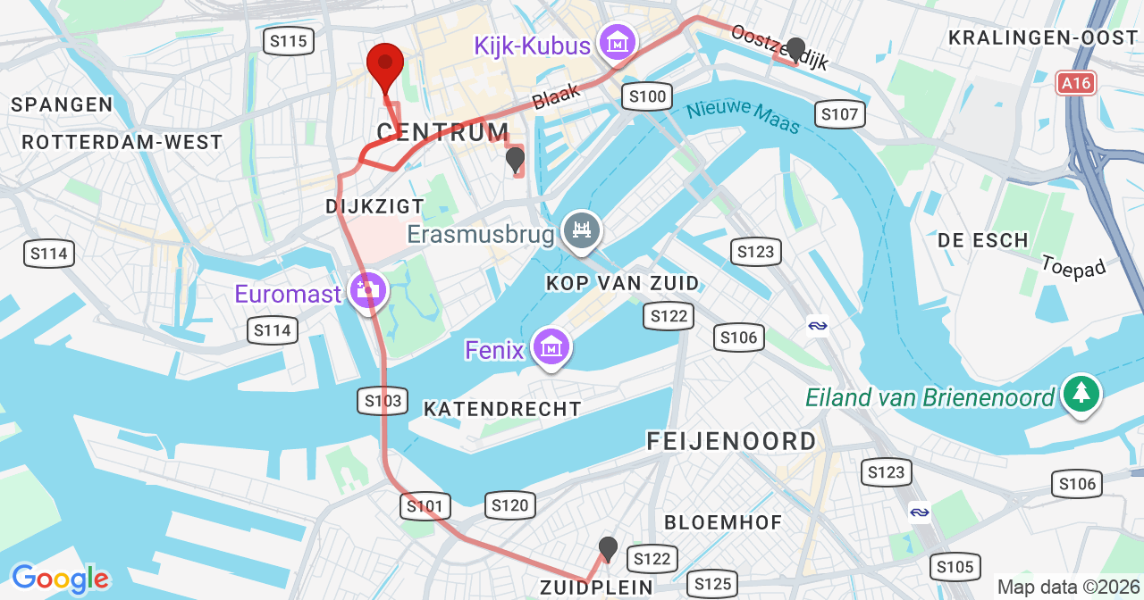 Kaart van het incident in Rotterdam met de aanrijroutes van de gealarmeerde eenheden