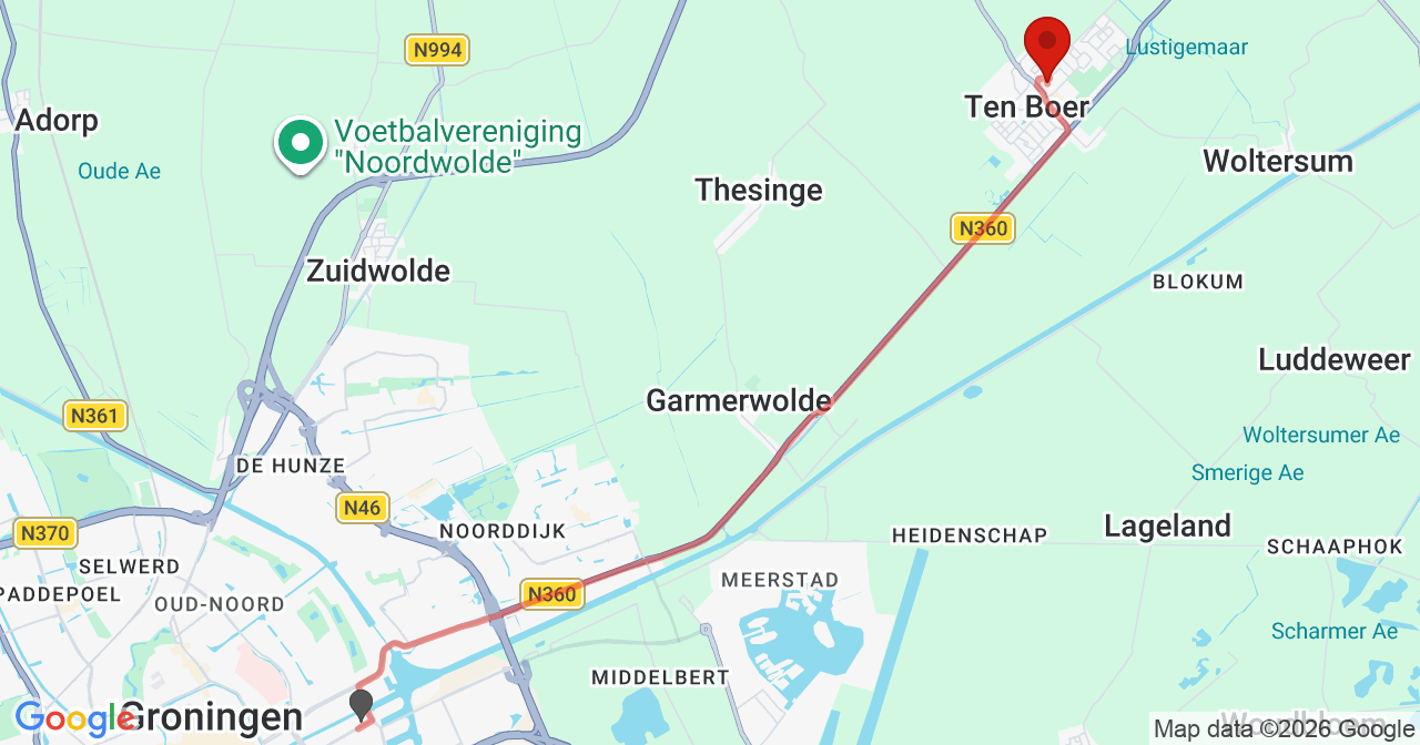Kaart van het incident in Ten Boer met de aanrijroutes van de gealarmeerde eenheden