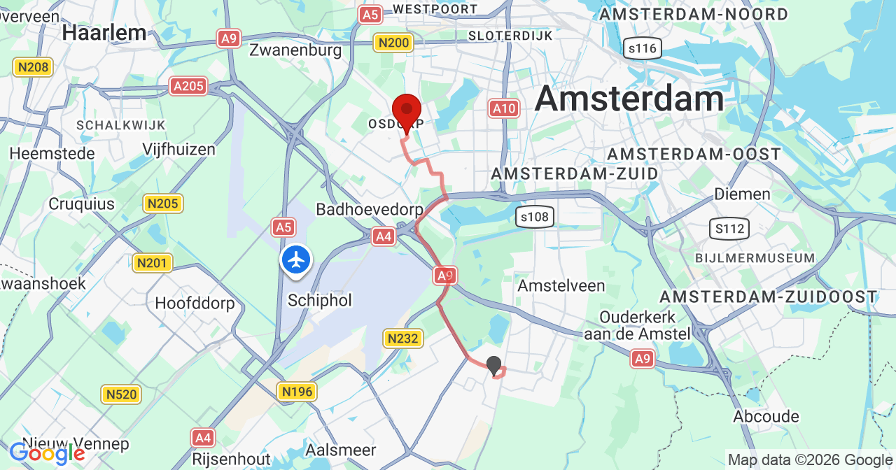 Kaart van het incident in Amsterdam met de aanrijroutes van de gealarmeerde eenheden