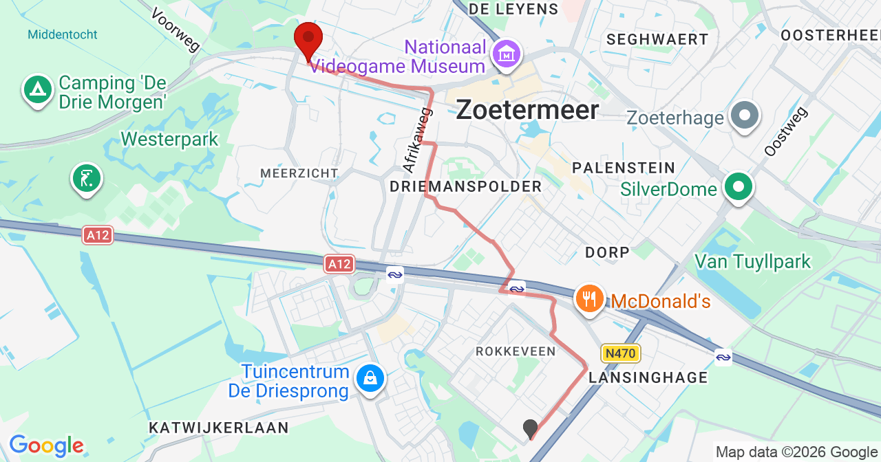 Kaart van het incident in Zoetermeer met de aanrijroutes van de gealarmeerde eenheden
