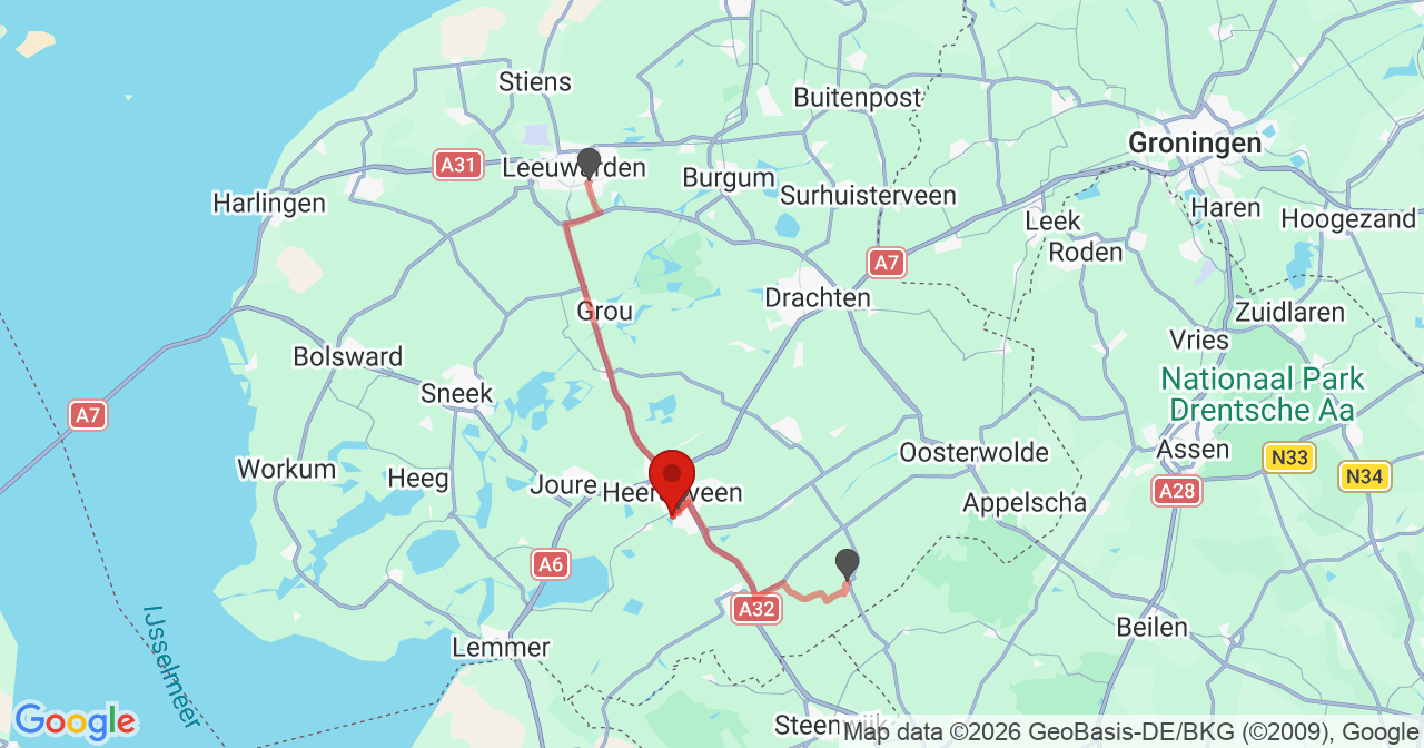 Kaart van het incident in Heerenveen met de aanrijroutes van de gealarmeerde eenheden