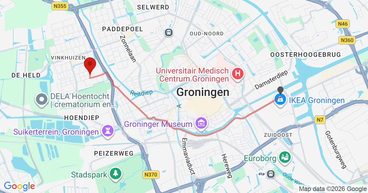 Kaart van het incident in Groningen met de aanrijroutes van de gealarmeerde eenheden