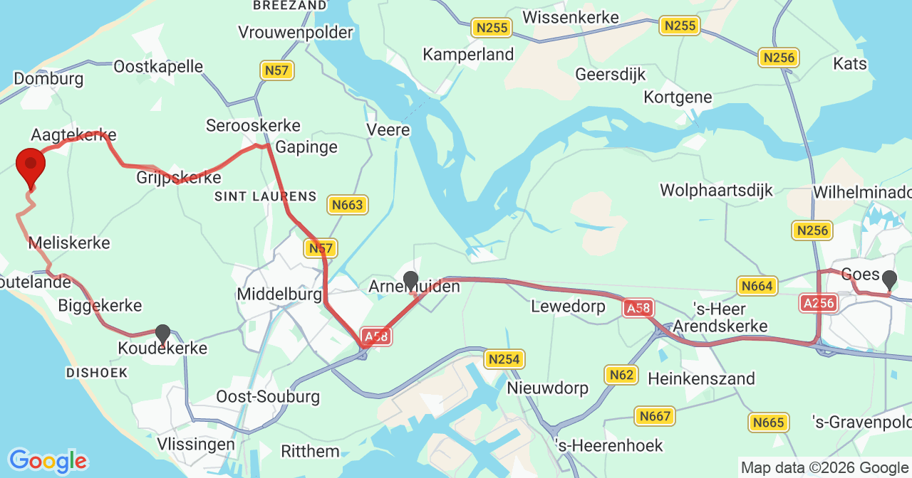 Kaart van het incident in Aagtekerke met de aanrijroutes van de gealarmeerde eenheden