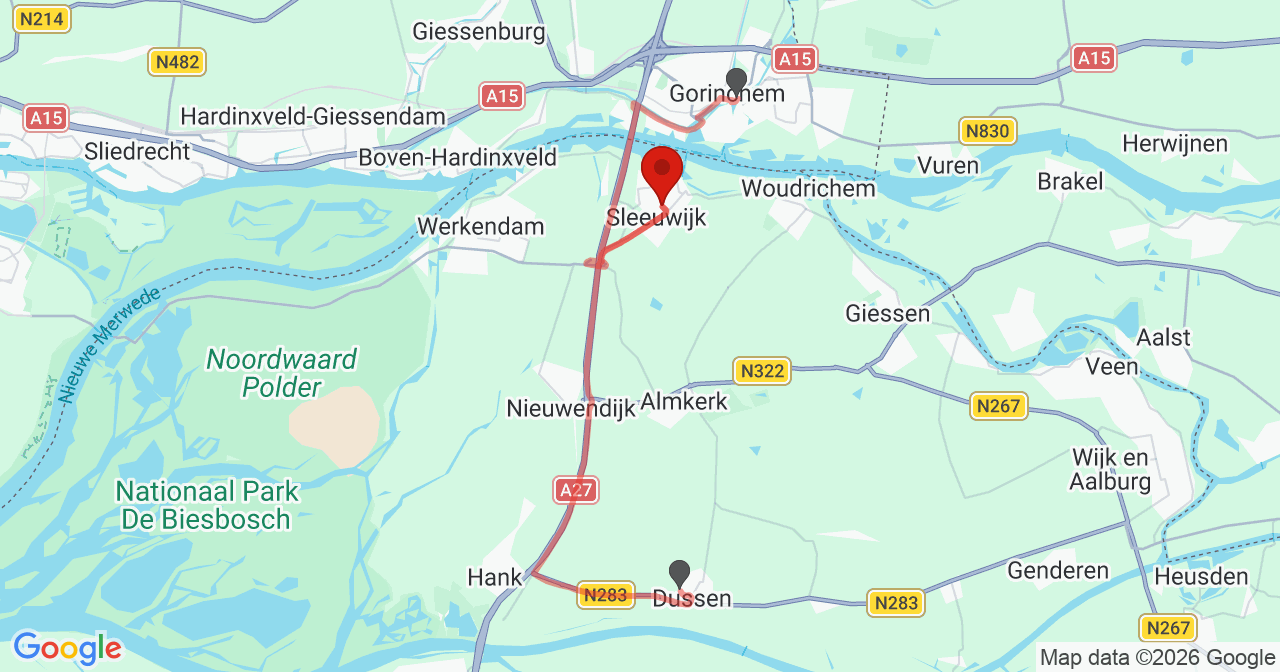 Kaart van het incident in Sleeuwijk met de aanrijroutes van de gealarmeerde eenheden