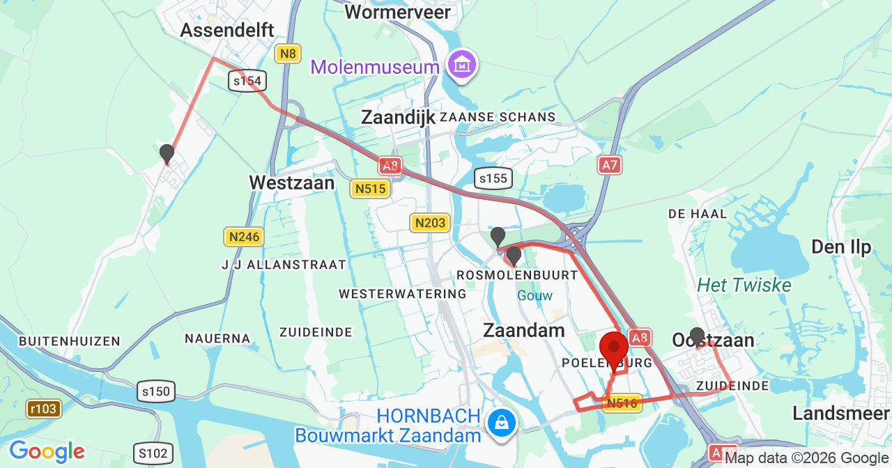 Kaart van het incident in Zaandam met de aanrijroutes van de gealarmeerde eenheden