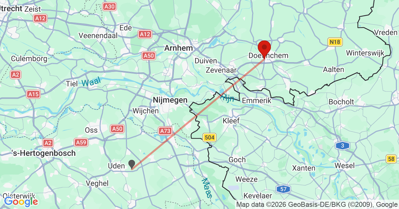 Kaart van het incident in Doetinchem met de aanrijroutes van de gealarmeerde eenheden