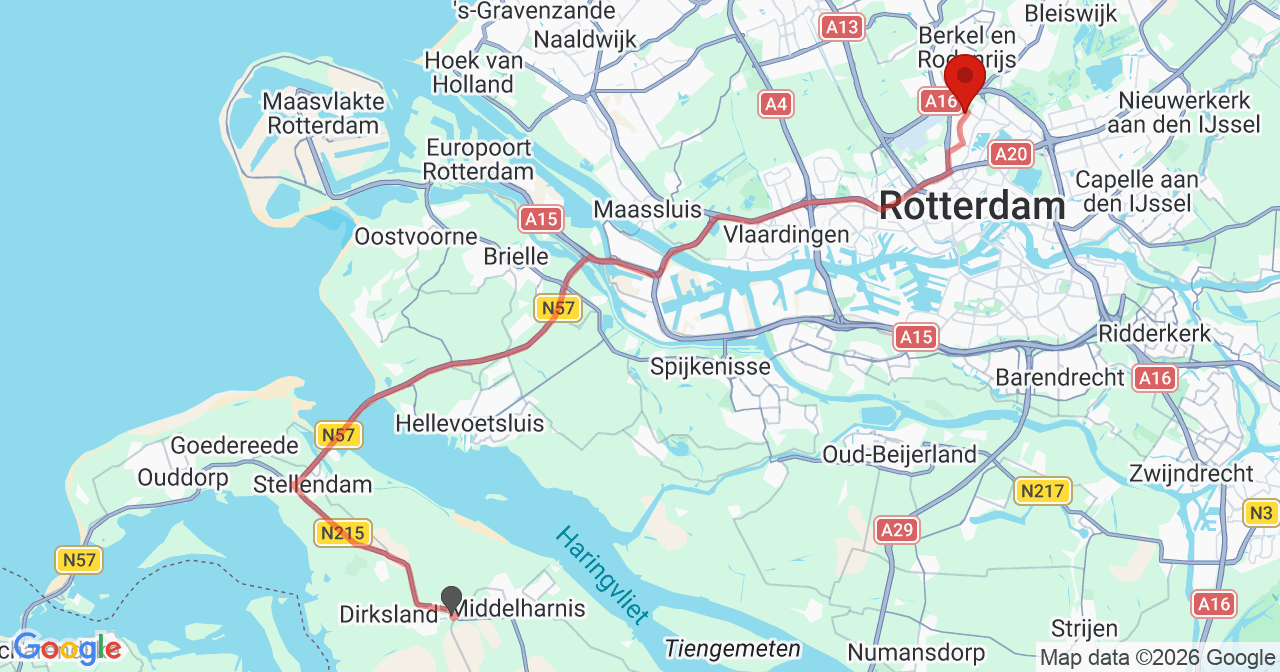 Kaart van het incident in Rotterdam met de aanrijroutes van de gealarmeerde eenheden
