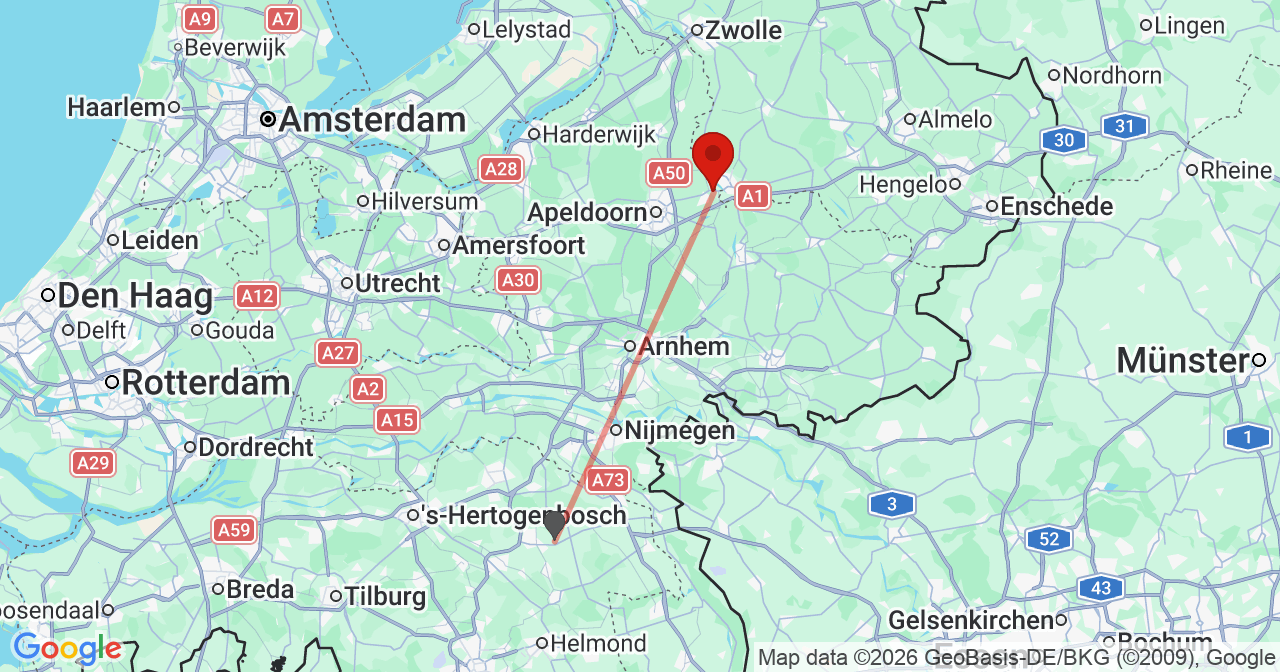 Kaart van het incident in Twello met de aanrijroutes van de gealarmeerde eenheden