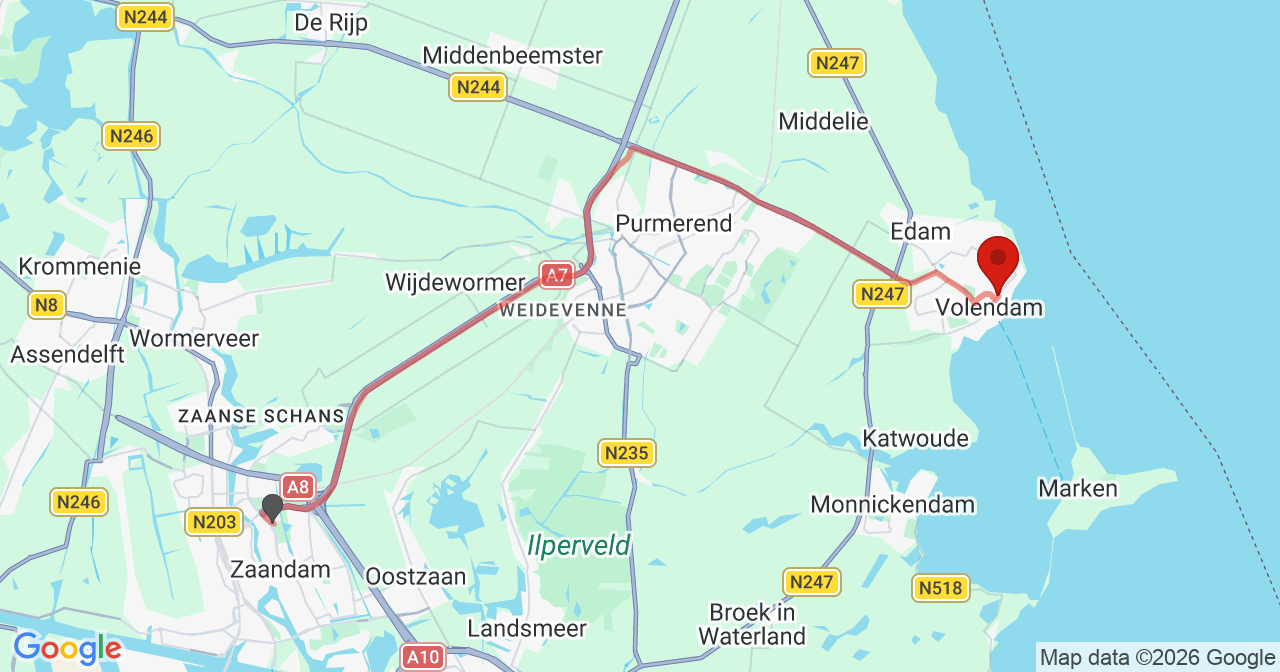 Kaart van het incident in Volendam met de aanrijroutes van de gealarmeerde eenheden