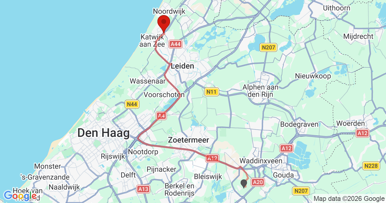 Kaart van het incident in Noordwijk met de aanrijroutes van de gealarmeerde eenheden