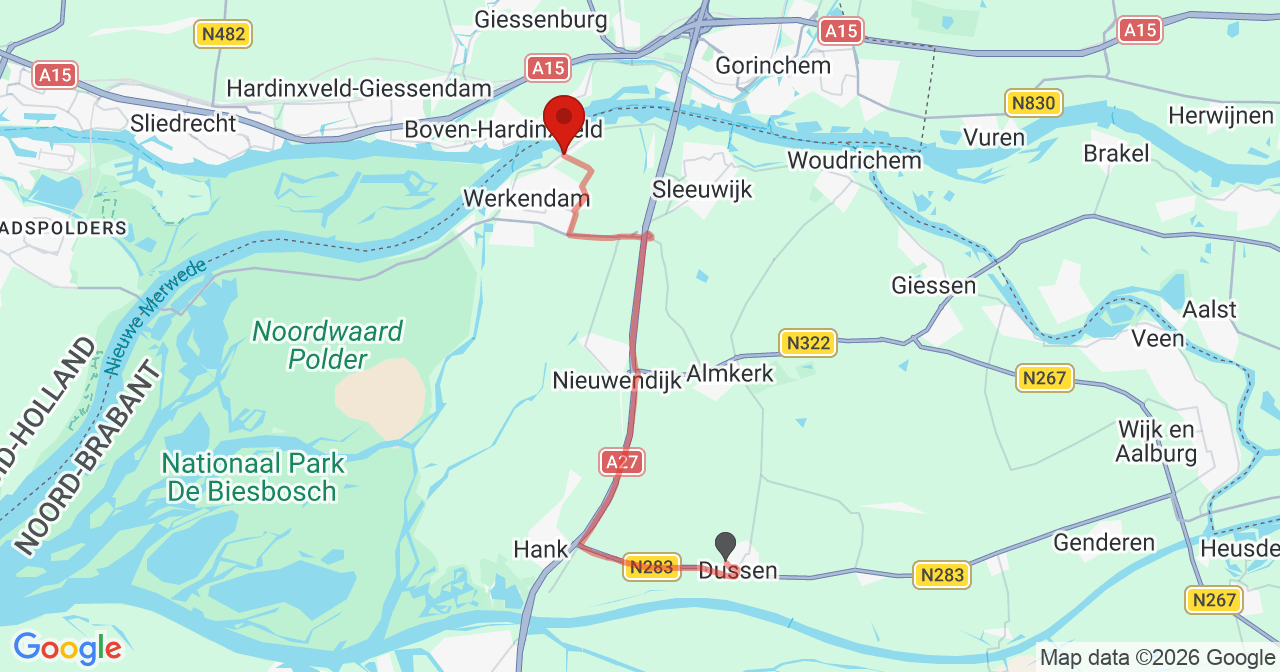 Kaart van het incident in Werkendam met de aanrijroutes van de gealarmeerde eenheden
