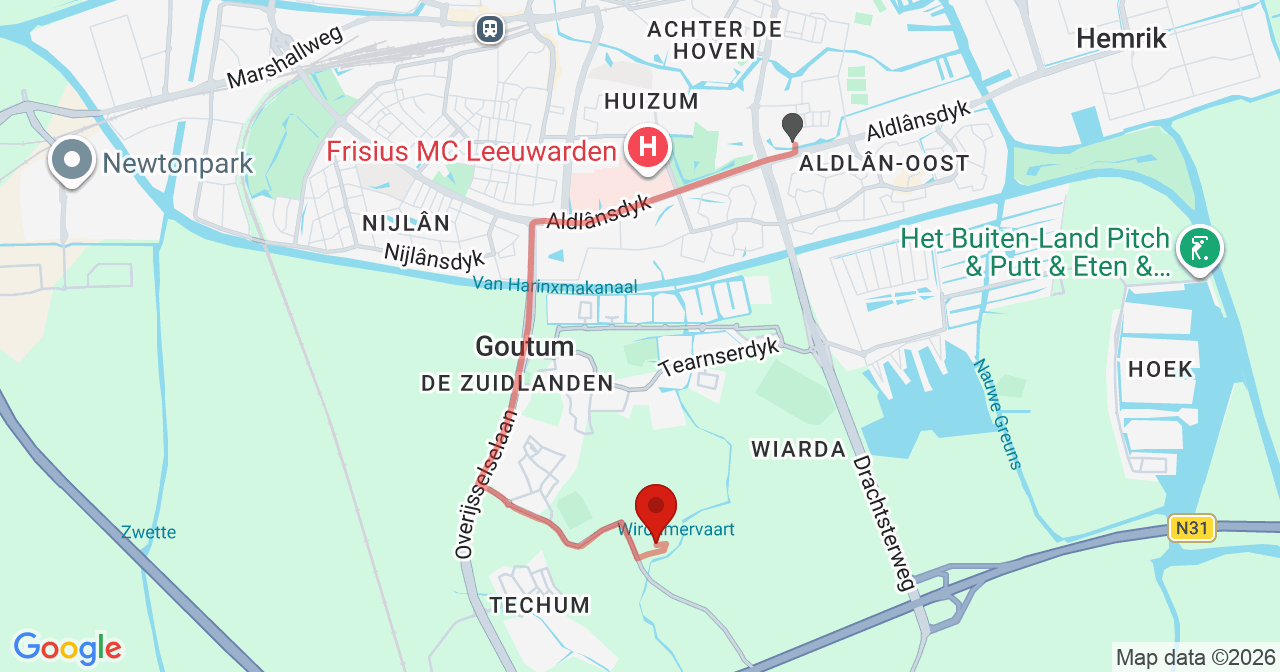 Kaart van het incident in Leeuwarden met de aanrijroutes van de gealarmeerde eenheden