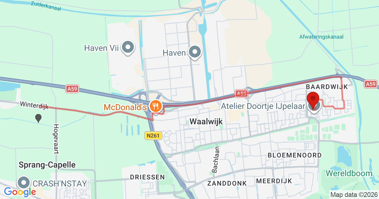 Kaart van het incident in Waalwijk met de aanrijroutes van de gealarmeerde eenheden