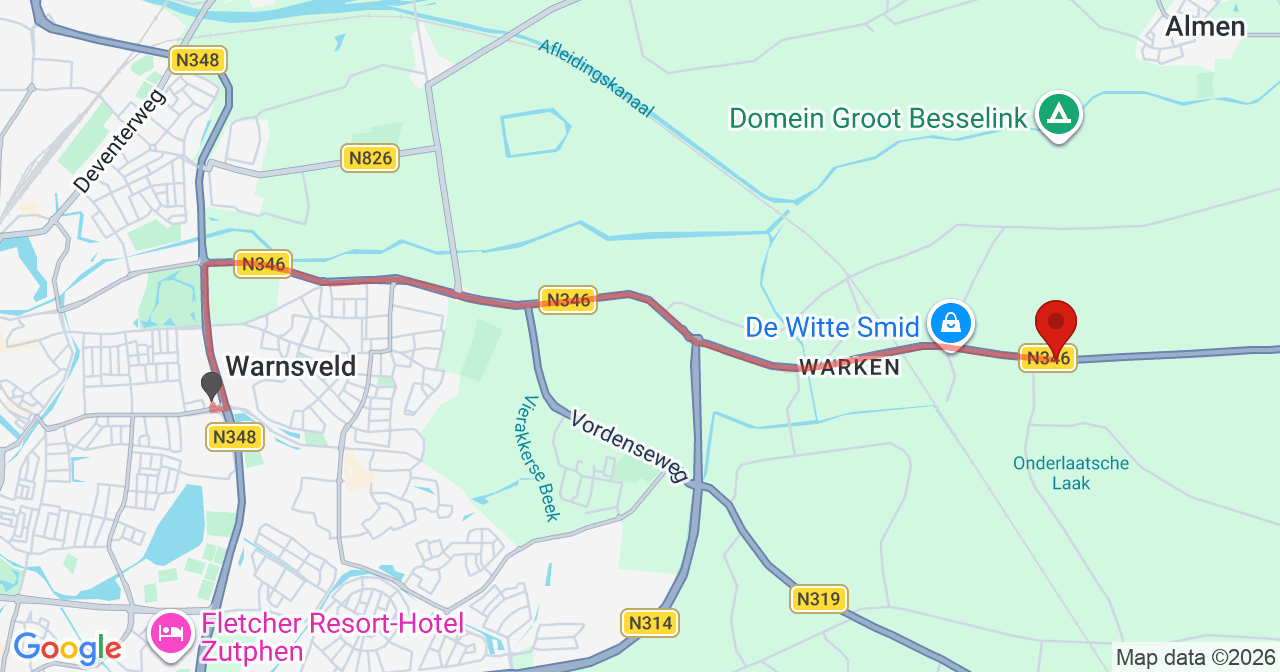 Kaart van het incident in Warnsveld met de aanrijroutes van de gealarmeerde eenheden