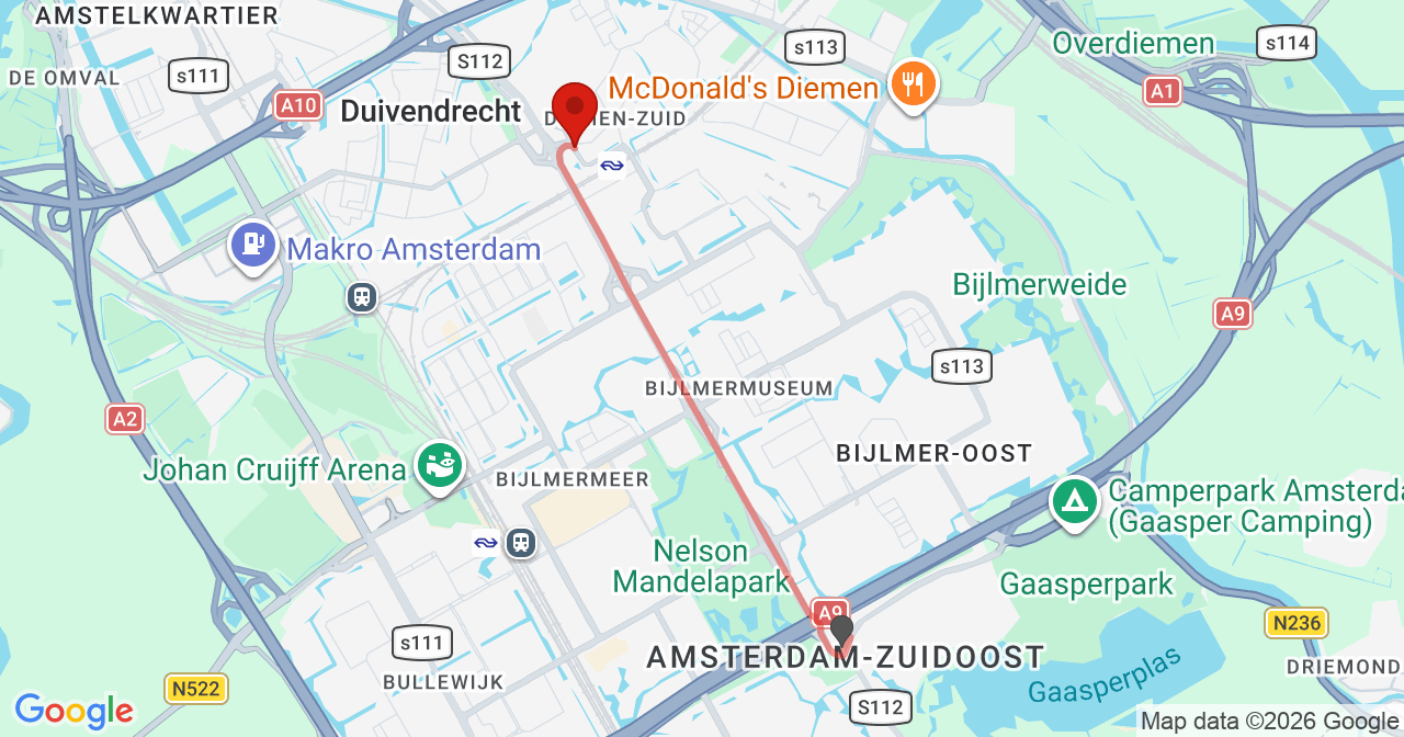 Kaart van het incident in Diemen met de aanrijroutes van de gealarmeerde eenheden