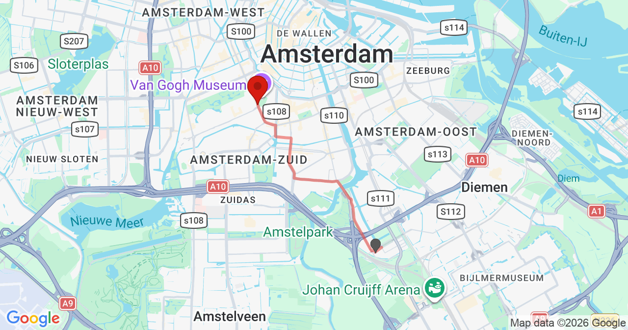 Kaart van het incident in Amsterdam met de aanrijroutes van de gealarmeerde eenheden
