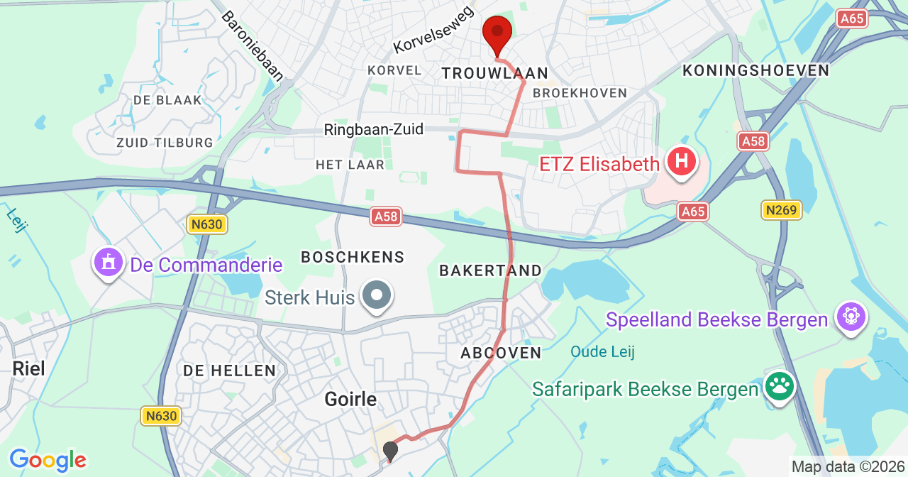 Kaart van het incident in Tilburg met de aanrijroutes van de gealarmeerde eenheden