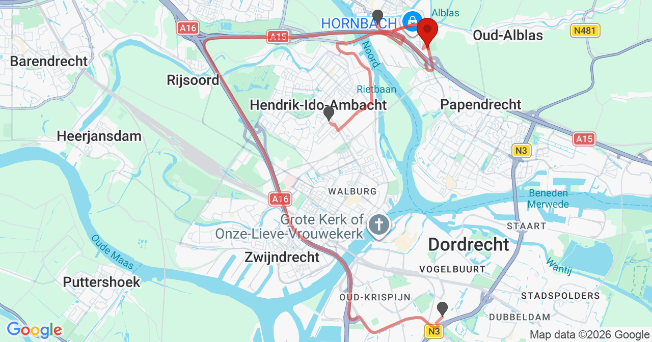 Kaart van het incident in Alblasserdam met de aanrijroutes van de gealarmeerde eenheden