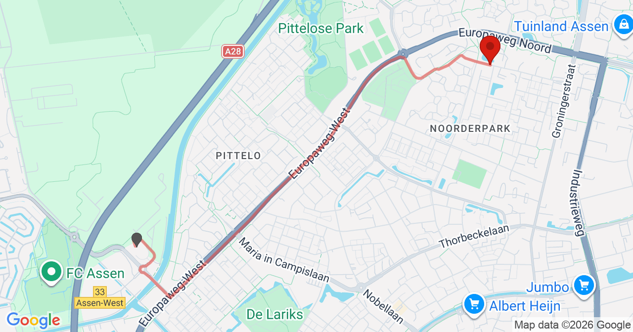 Kaart van het incident in Assen met de aanrijroutes van de gealarmeerde eenheden
