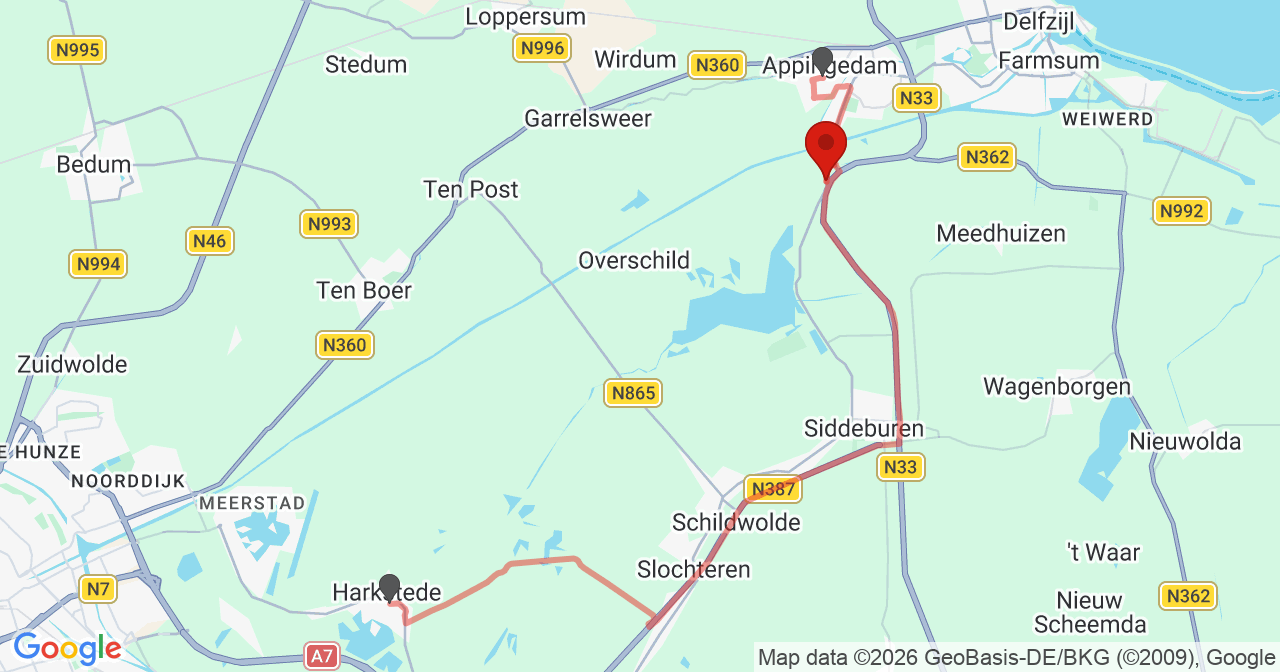 Kaart van het incident in Appingedam met de aanrijroutes van de gealarmeerde eenheden