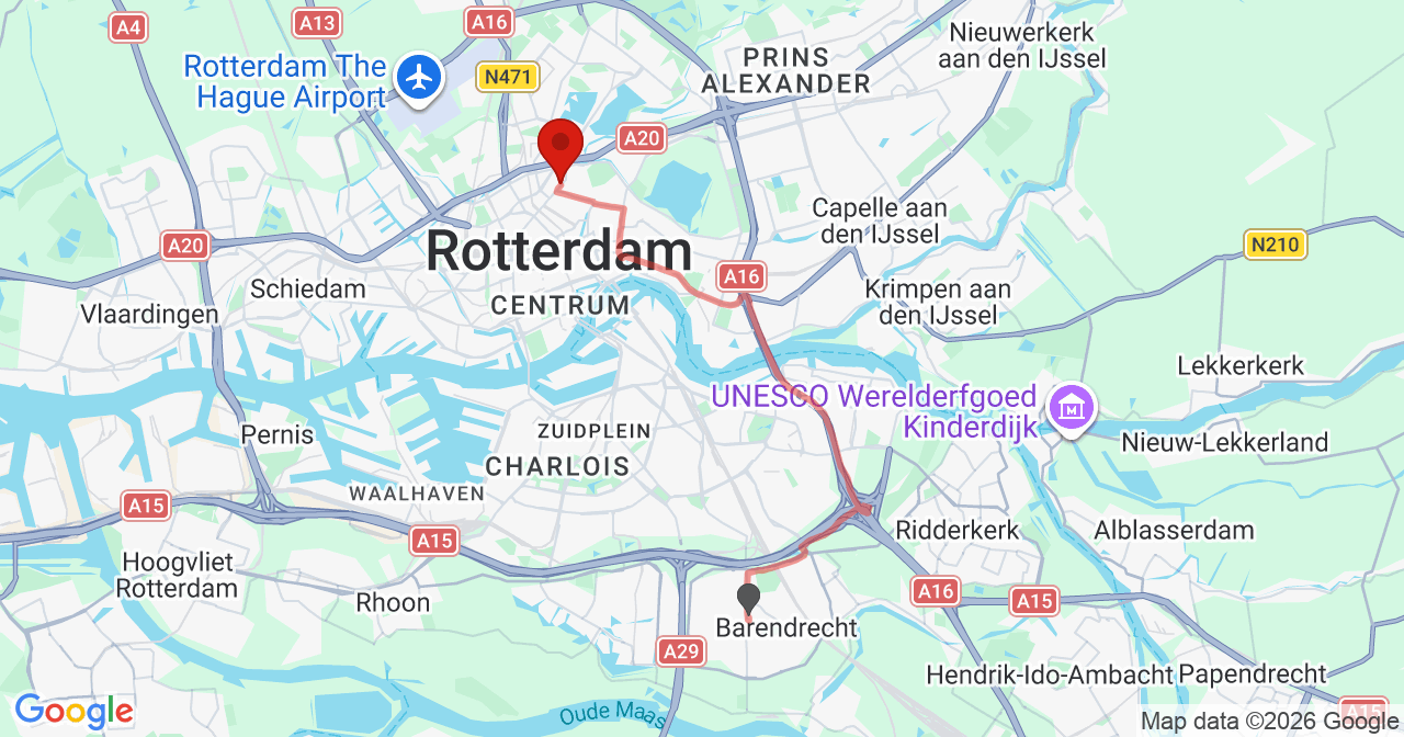 Kaart van het incident in Rotterdam met de aanrijroutes van de gealarmeerde eenheden
