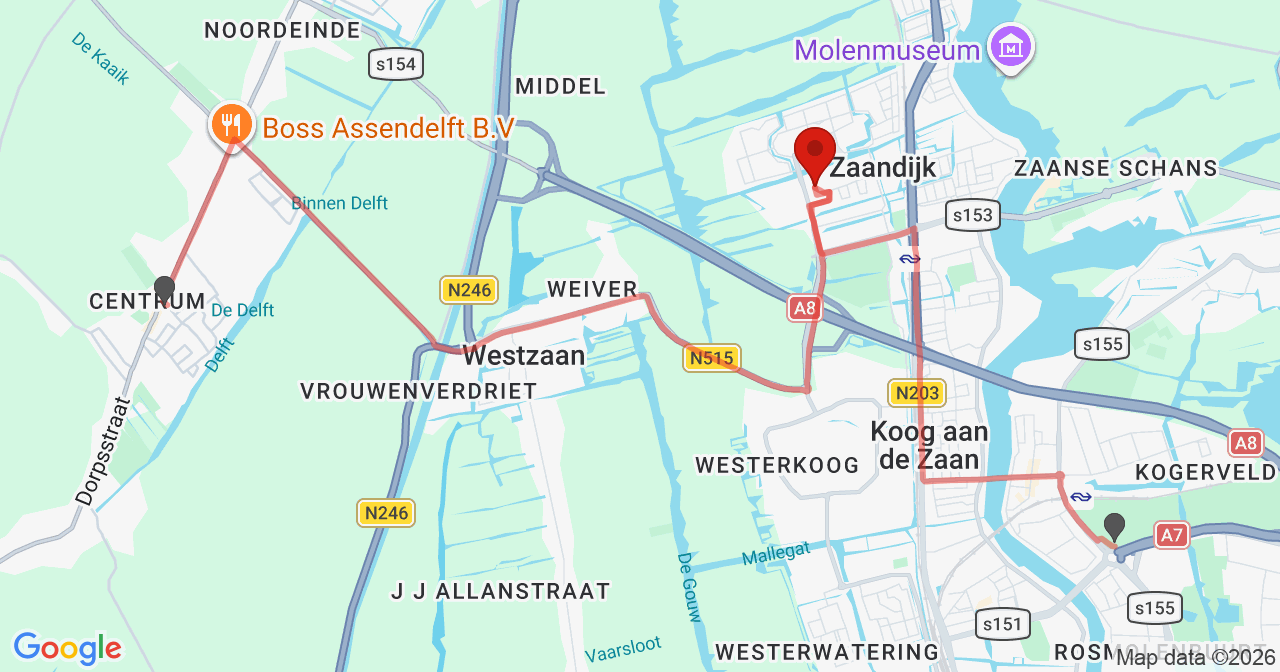 Kaart van het incident in Zaandijk met de aanrijroutes van de gealarmeerde eenheden